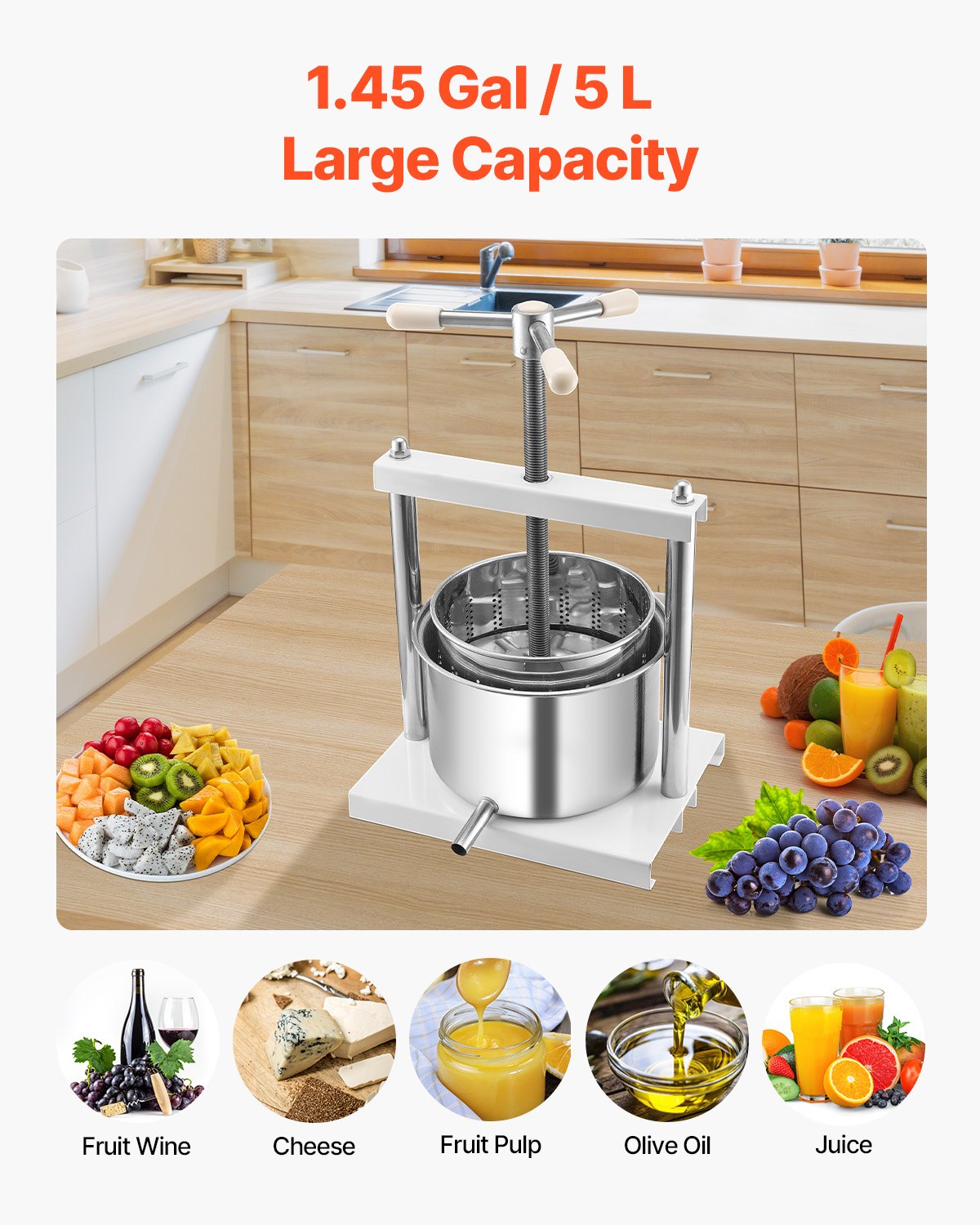 Manual Fruit Wine Press - 1.45 Gallon Stainless Steel Juicer