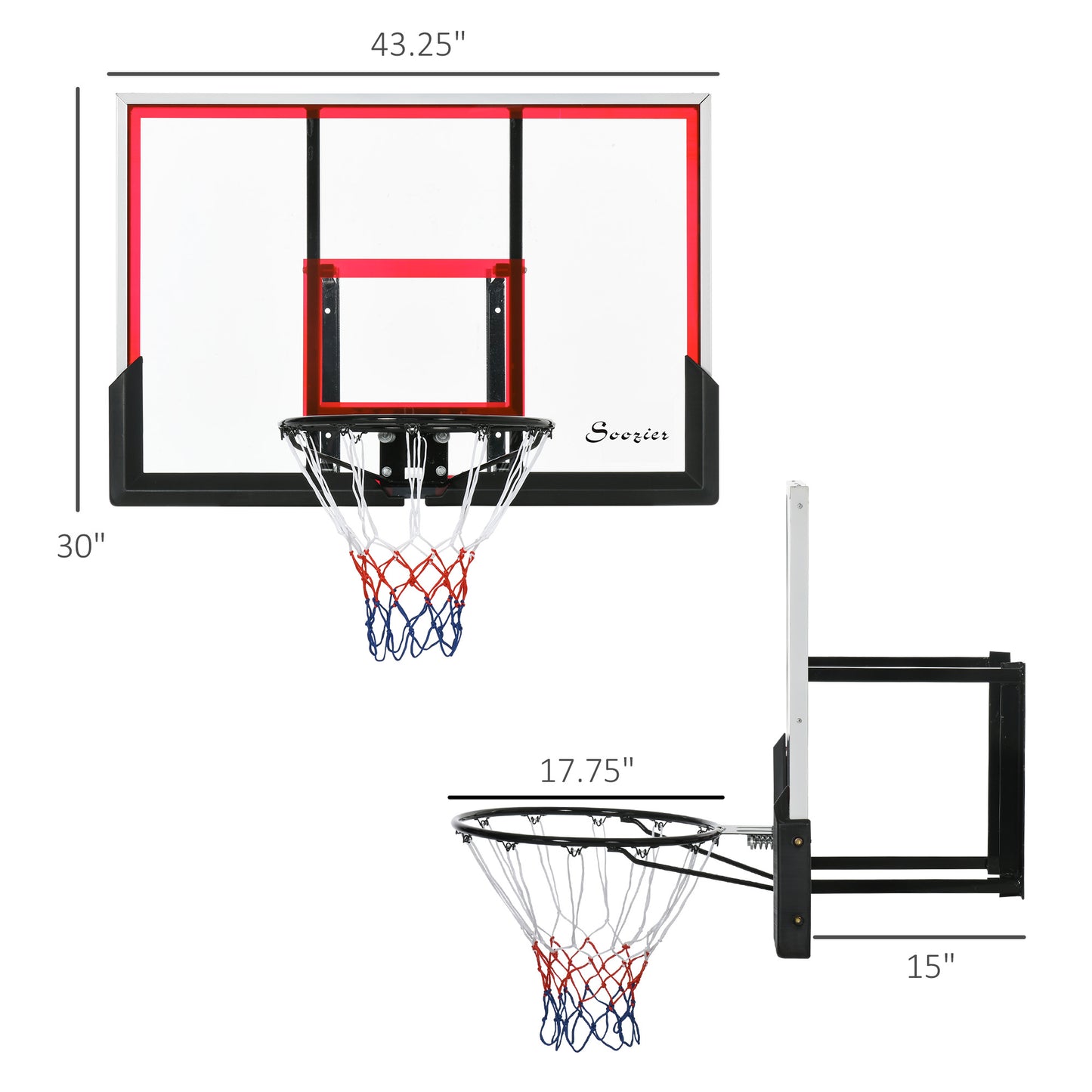 Wall Mounted Basketball Hoop with 43" Shatterproof Backboard - Outdoor Use
