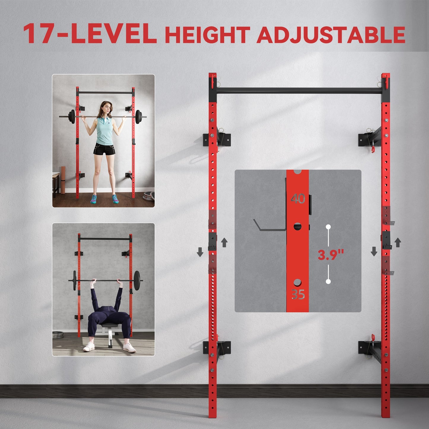 Adjustable Folding Squat Rack with Pull Up Bar - Red