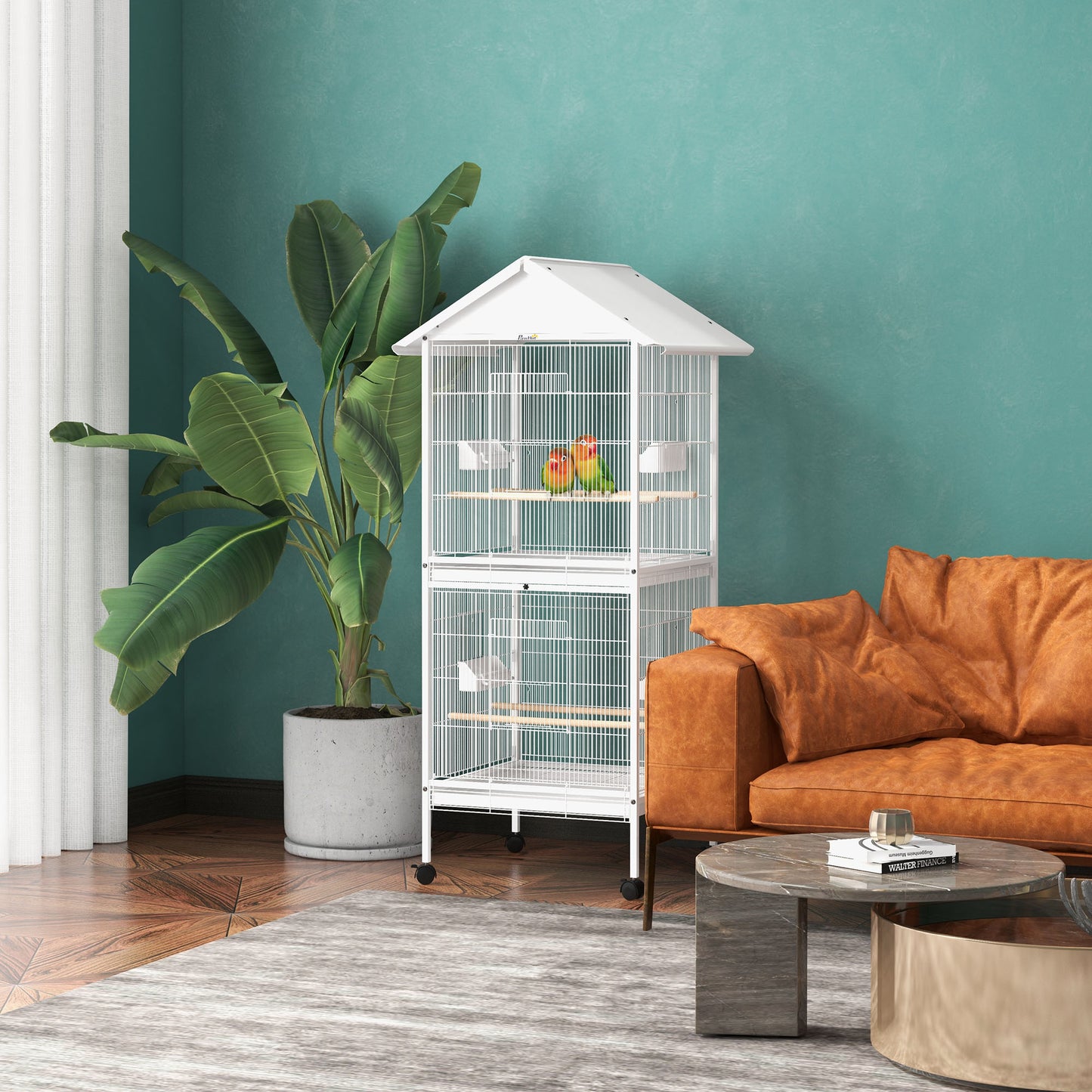 White Metal Bird Cage with Rolling Stand for Small to Medium Birds 67" H