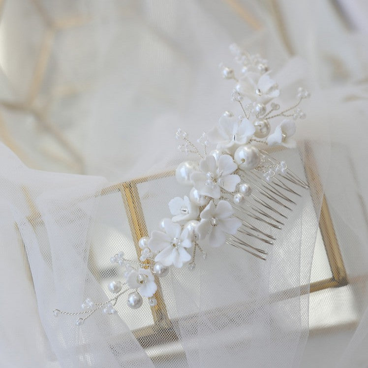 White Ceramic Flower Bridal Hair Comb