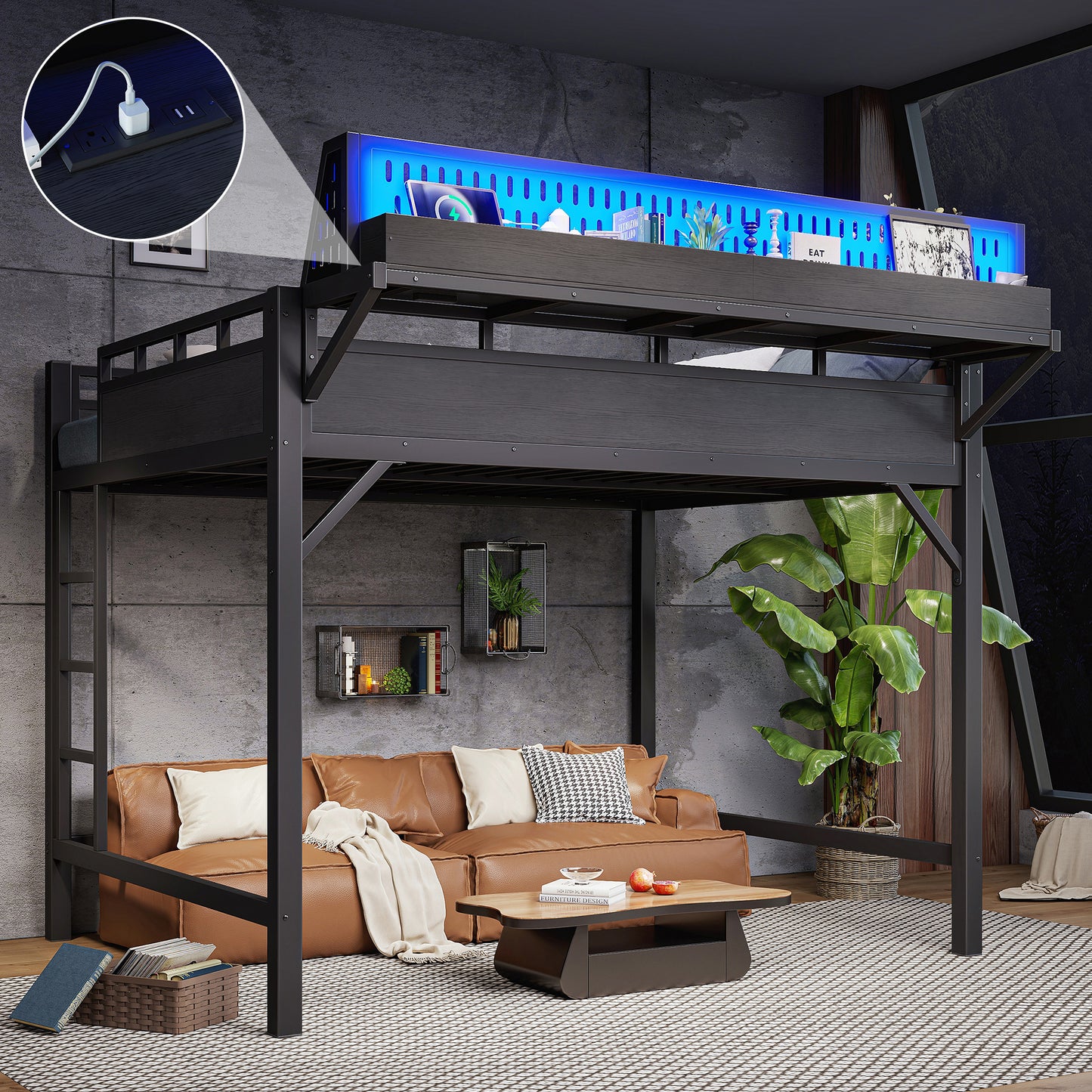 Queen Size Metal Loft Bed Frame with USB Ports & LED Lights