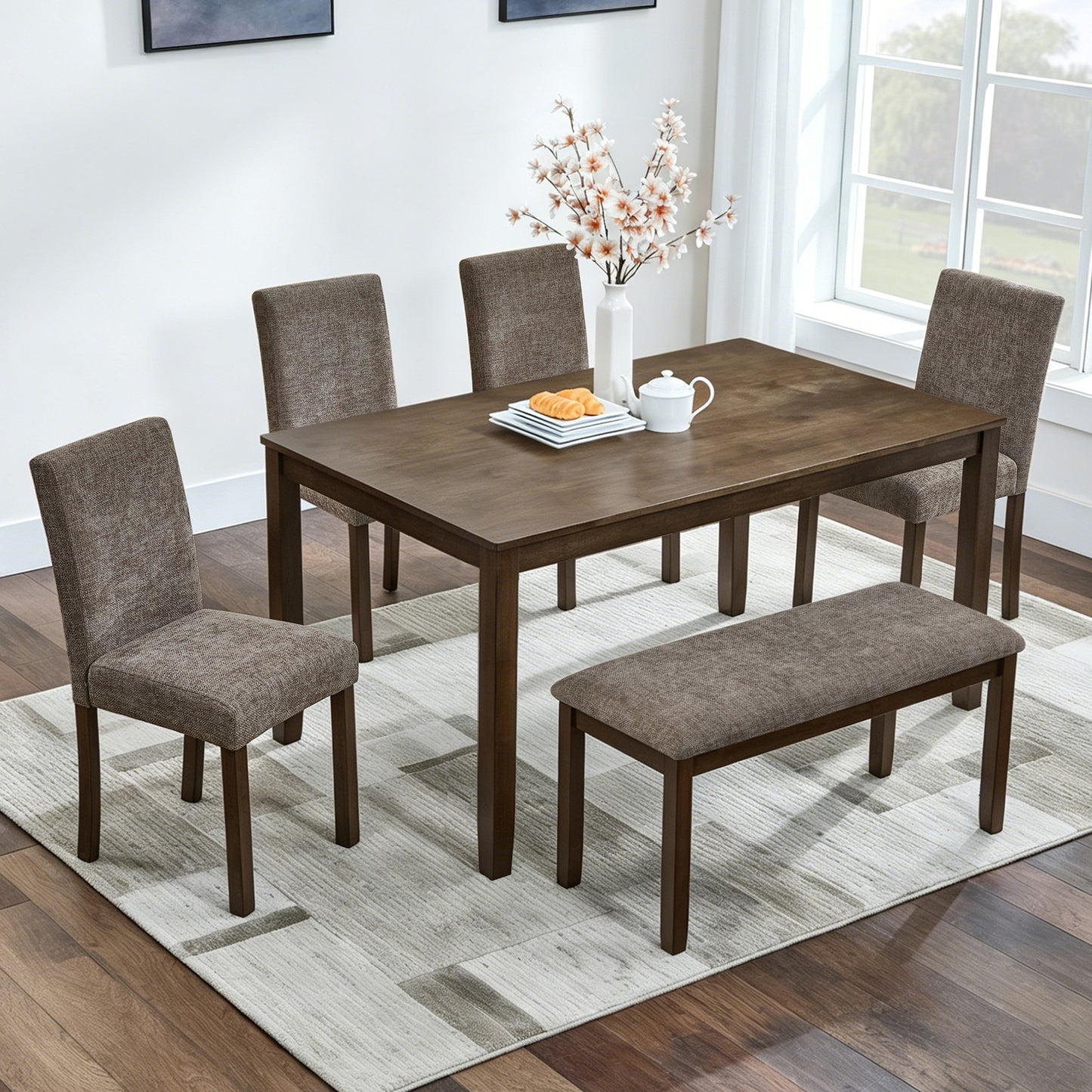 6-Person Wooden Dining Table Set with Bench - Walnut