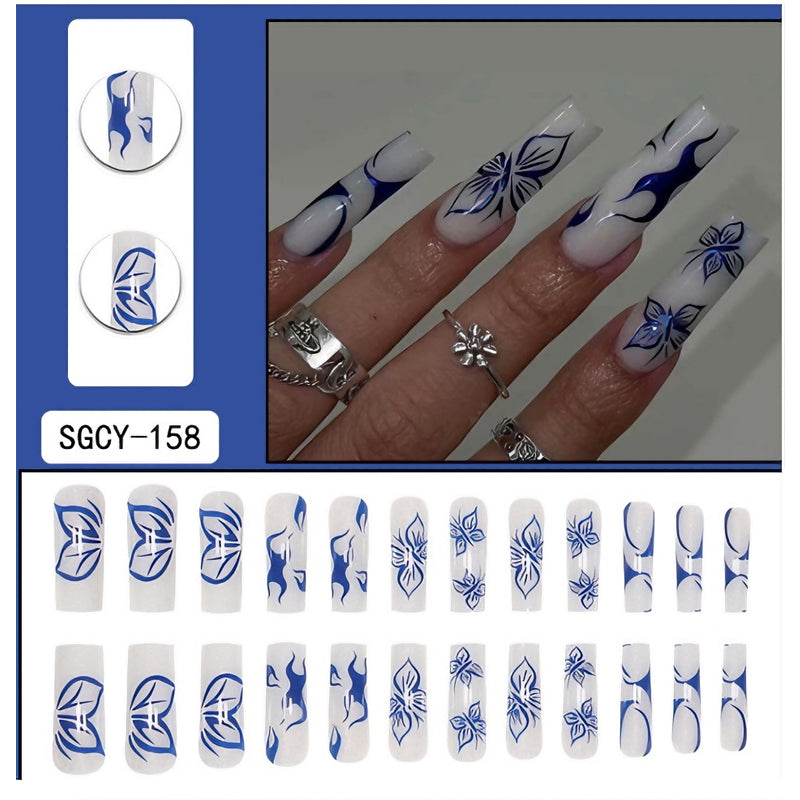 24 PCS Butterfly Press-On Nails - Long Square Fake Nail Tips - Pink