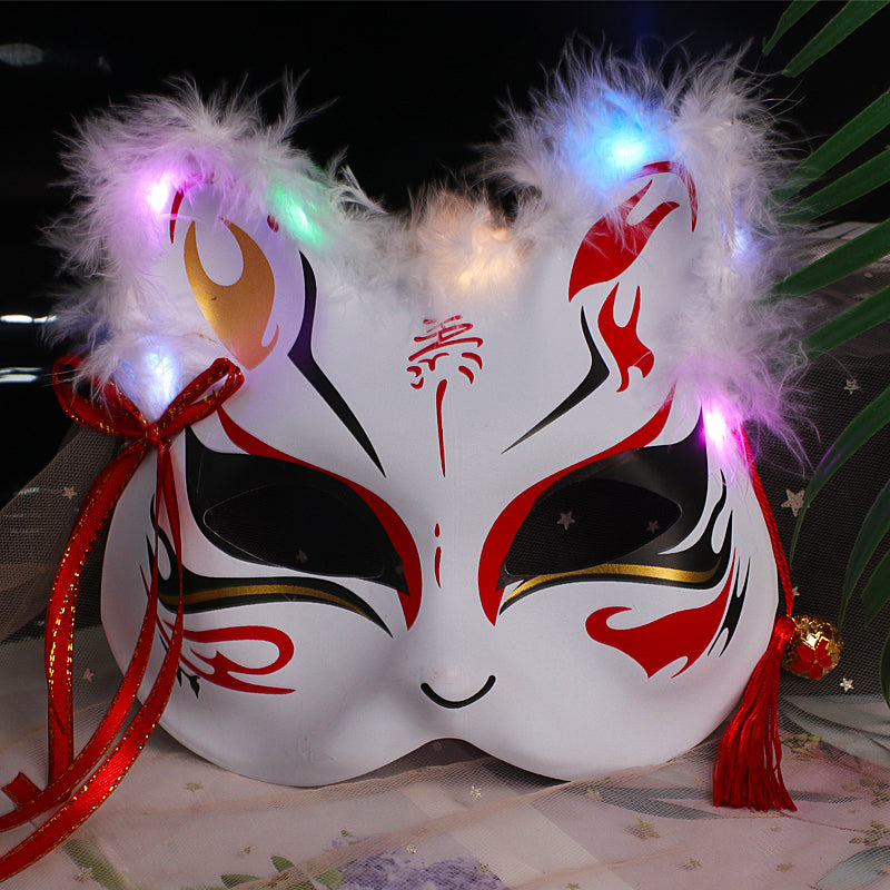 Halloween Party Luminous Feather Fox Mask Two-Faced Cat Face Mask