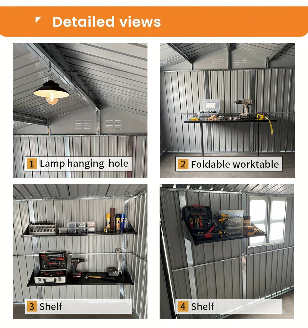 Metal Garden Shed 12x10 Ft with Window & Shelves - Grey