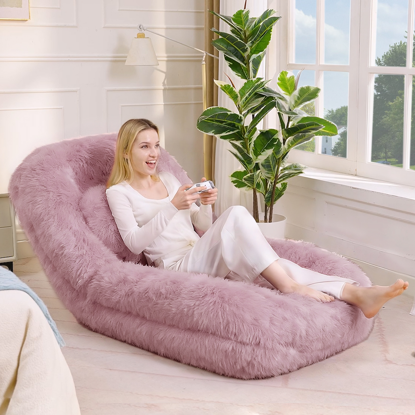 Adjustable Lazy Sofa Bed - Plush Fabric, Pink