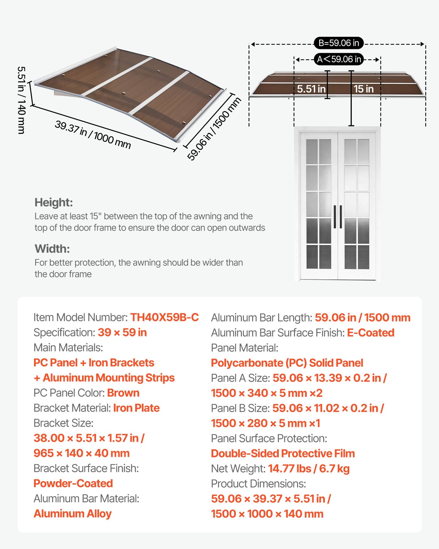Black Polycarbonate Door Awning 39x59 Inch Weatherproof Exterior Canopy
