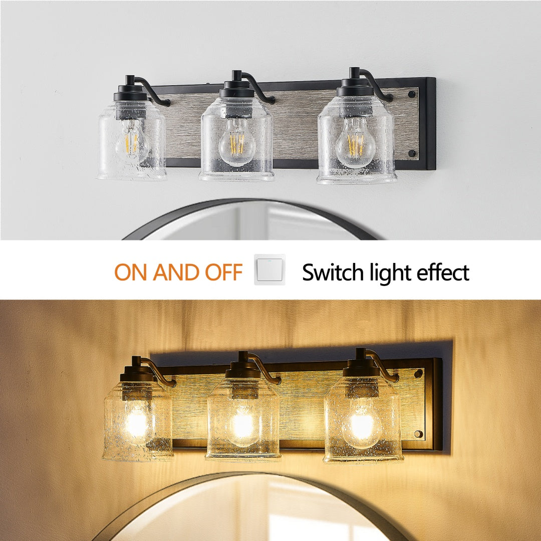 3-Light Farmhouse Vanity Light Fixture - Black & Wood Grain