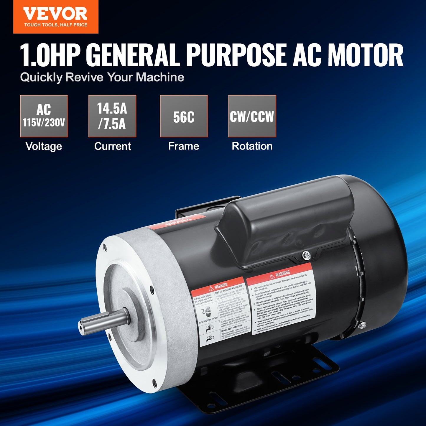 1HP Reversible Electric Motor 1725 RPM for Air Compressors & Agricultural Equipment - 56C Frame, 5/8'' Shaft, 115/230V