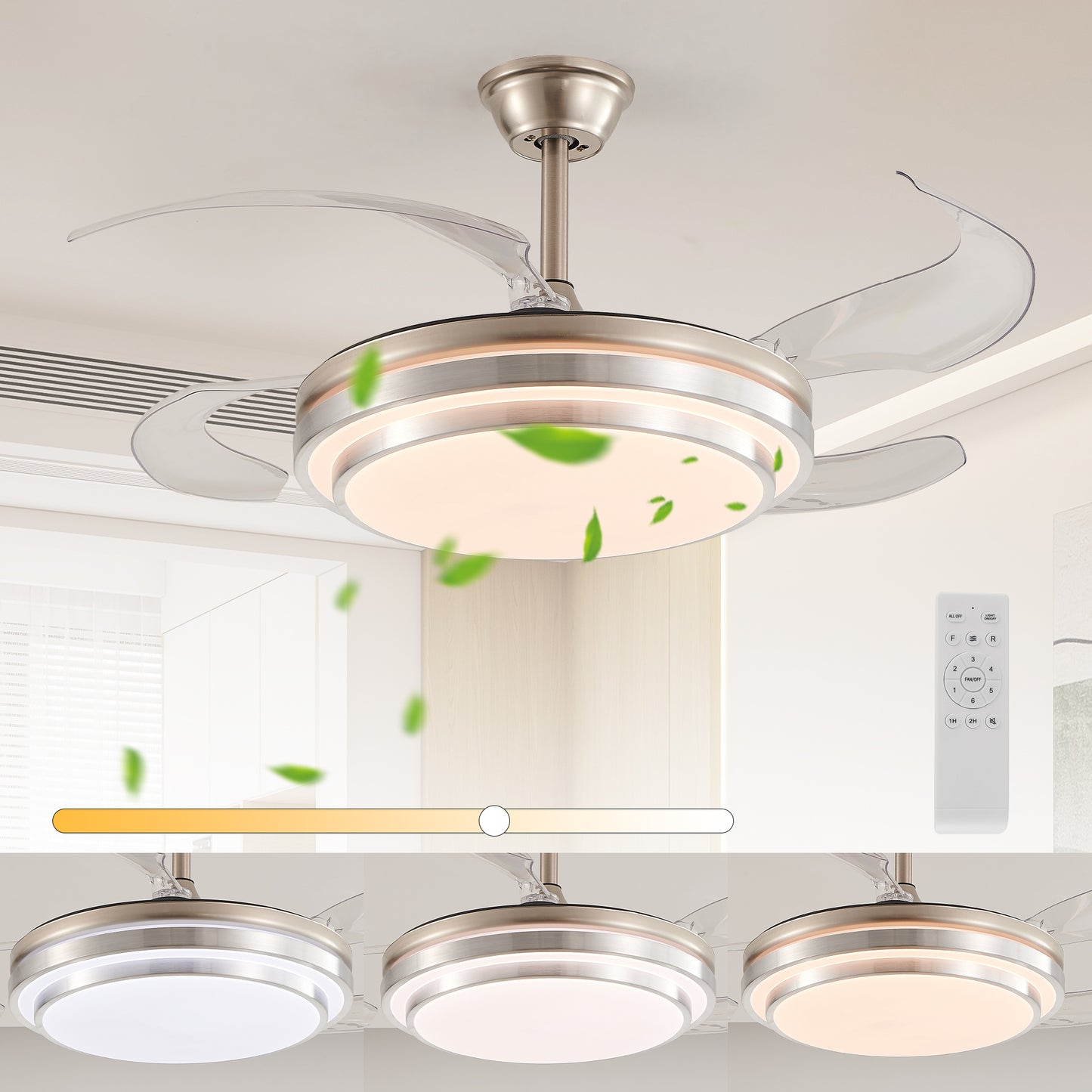 42-Inch Modern LED Ceiling Fan with Remote Control - Retractable Blades, 6-Speed, Quiet Operation