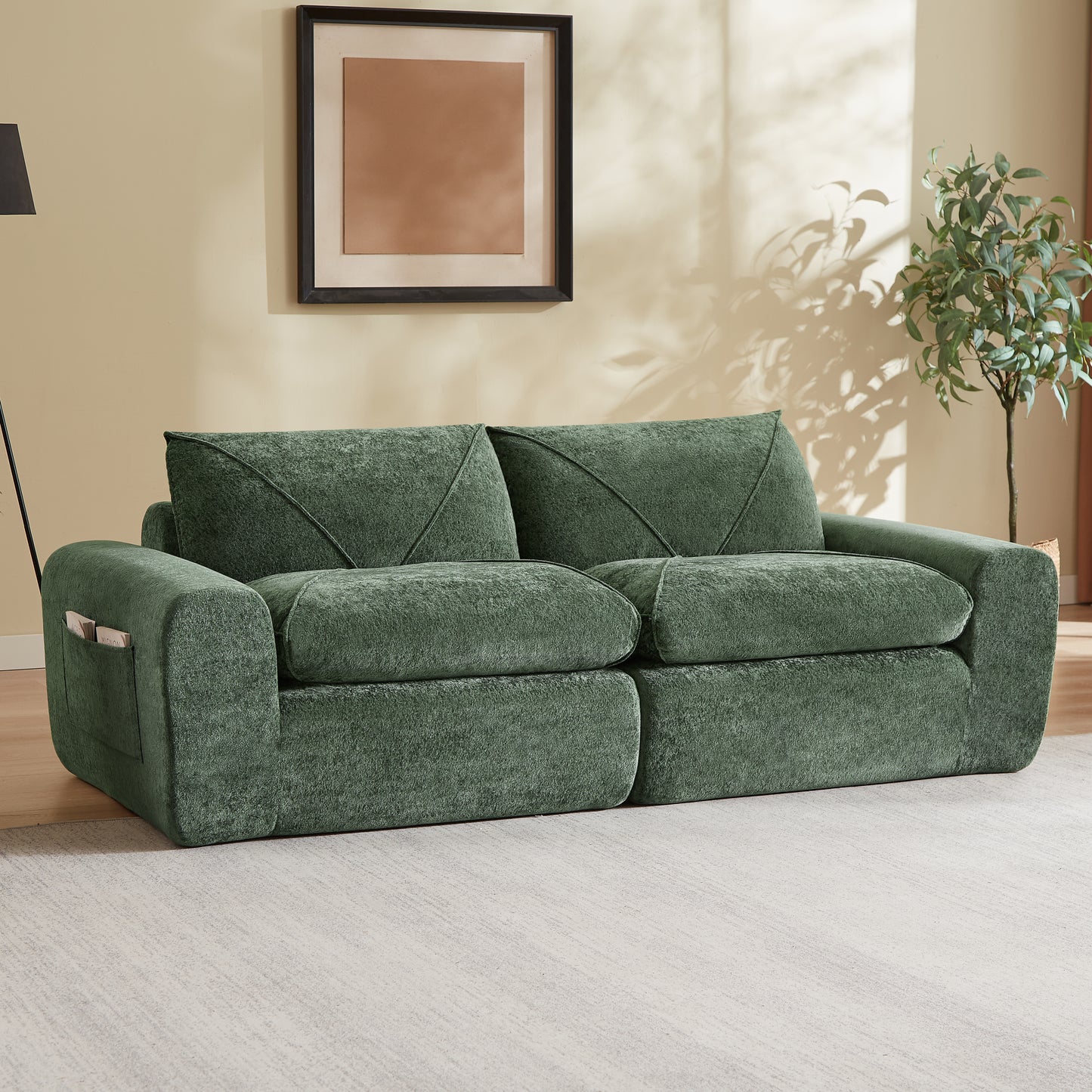 Modern Green Chenille Sofa with Foot Pedals - Spacious & Comfortable
