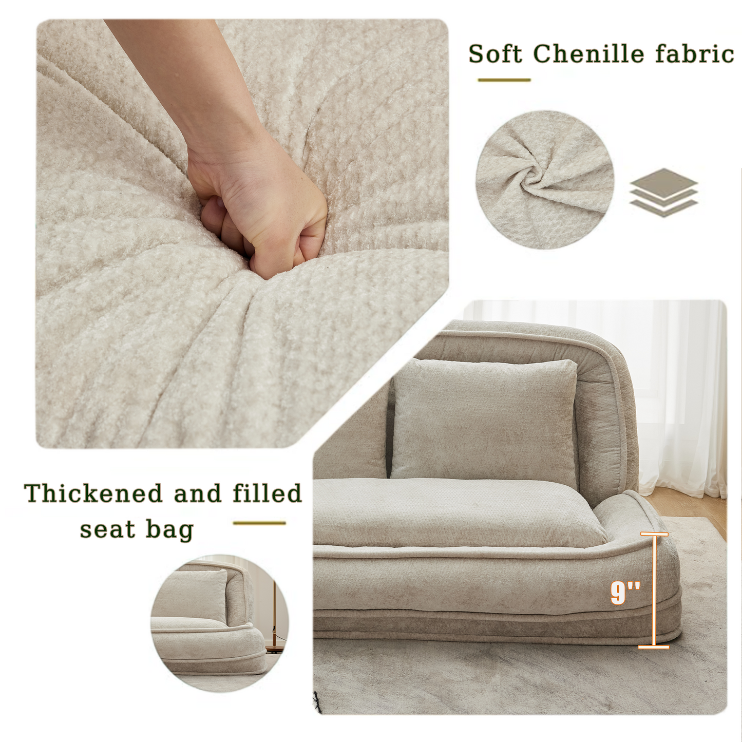 Extra Large Chenille Lazy Sofa Loveseat - Beige 2-in-1 Dog Bed