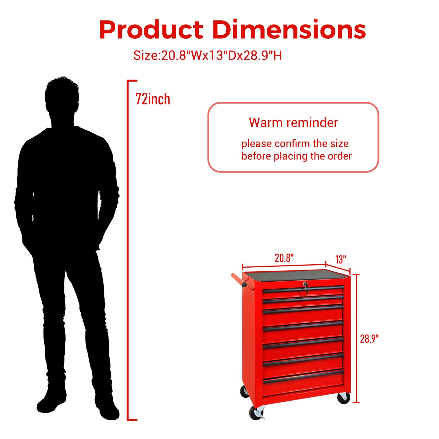 20-Inch Rolling Metal Tool Chest with 7 Drawers, Steel Storage Cabinet, Red