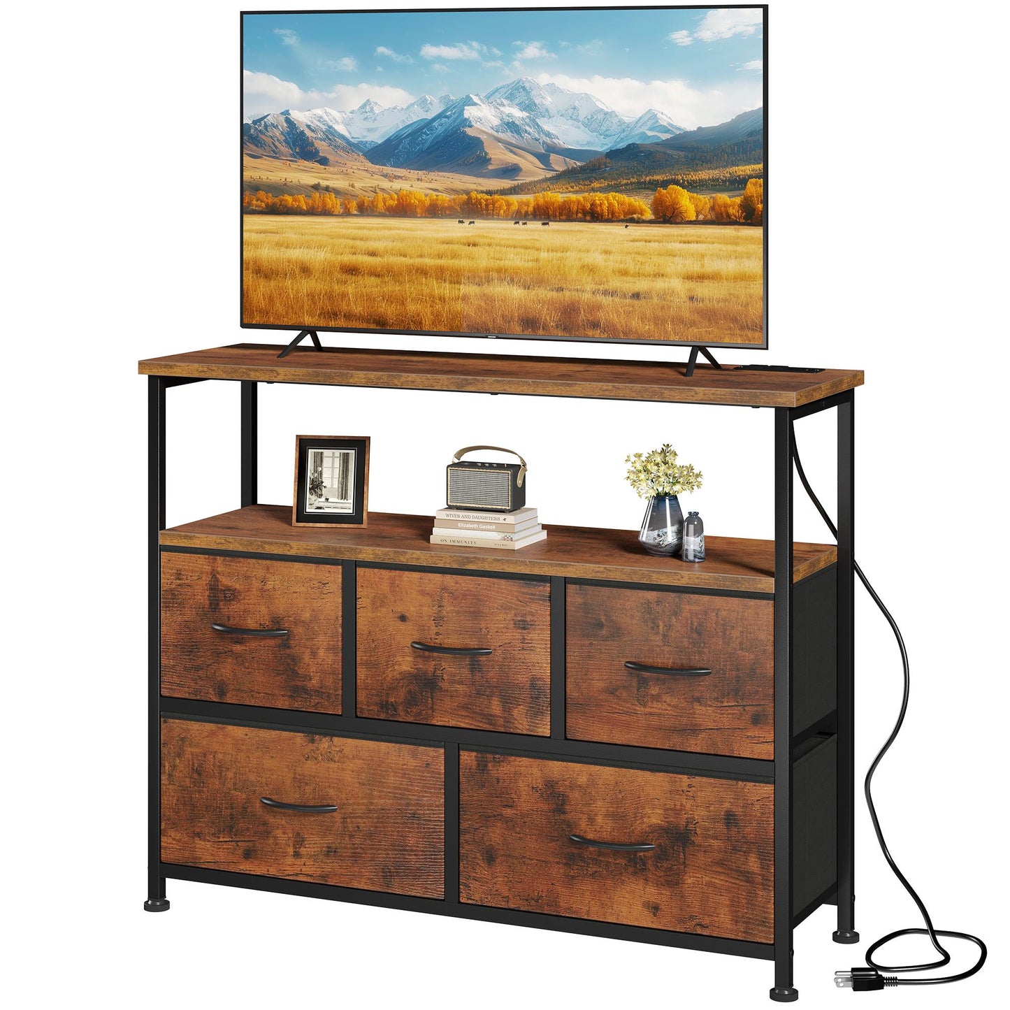 Media Storage Cabinet with 5 Fabric Drawers and Charging Station