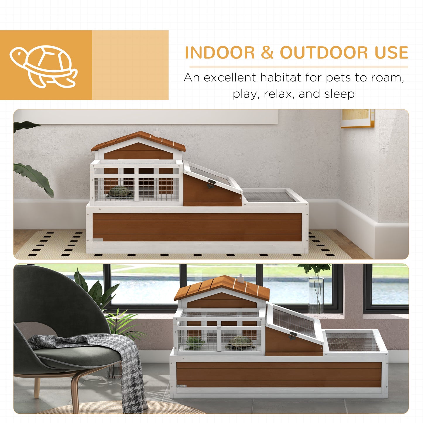Large Tortoise Habitat House with Balcony and Openable Roofs - 44 x 25.5 inches, Coffee