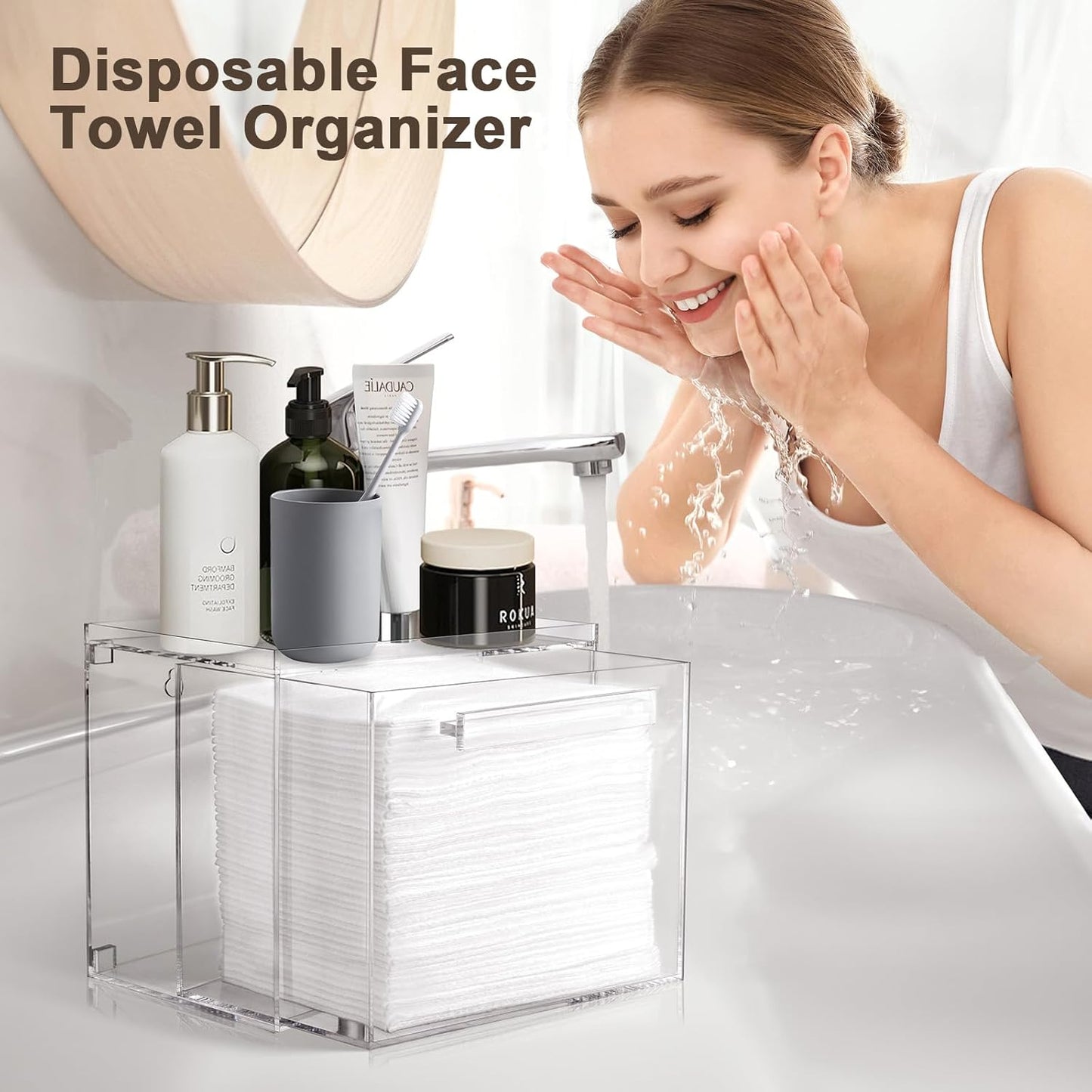 Wall-Mounted Acrylic Facial Towel Storage Box with Drawer - Dispenser Organizer for Disposable Towels