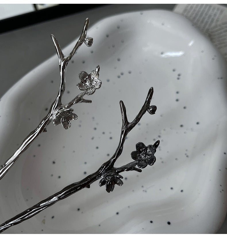 Metal Hairpin Hair Accessories for Women - Chinese Flower Design, Silver & Gun Black
