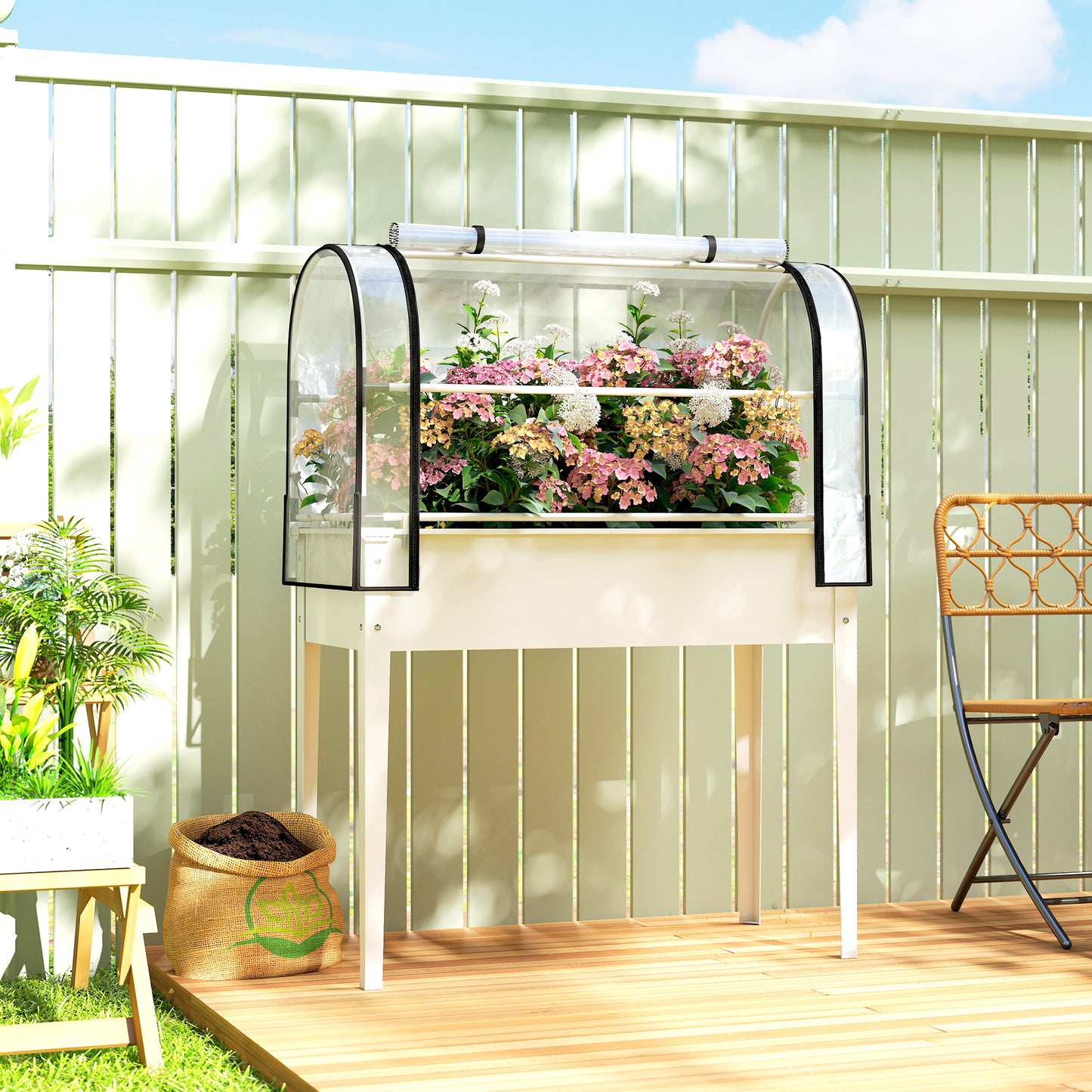Raised Garden Bed with Flip-Up Greenhouse Cover - Metal Elevated Planter with Drainage, White, 1110x510x85 mm