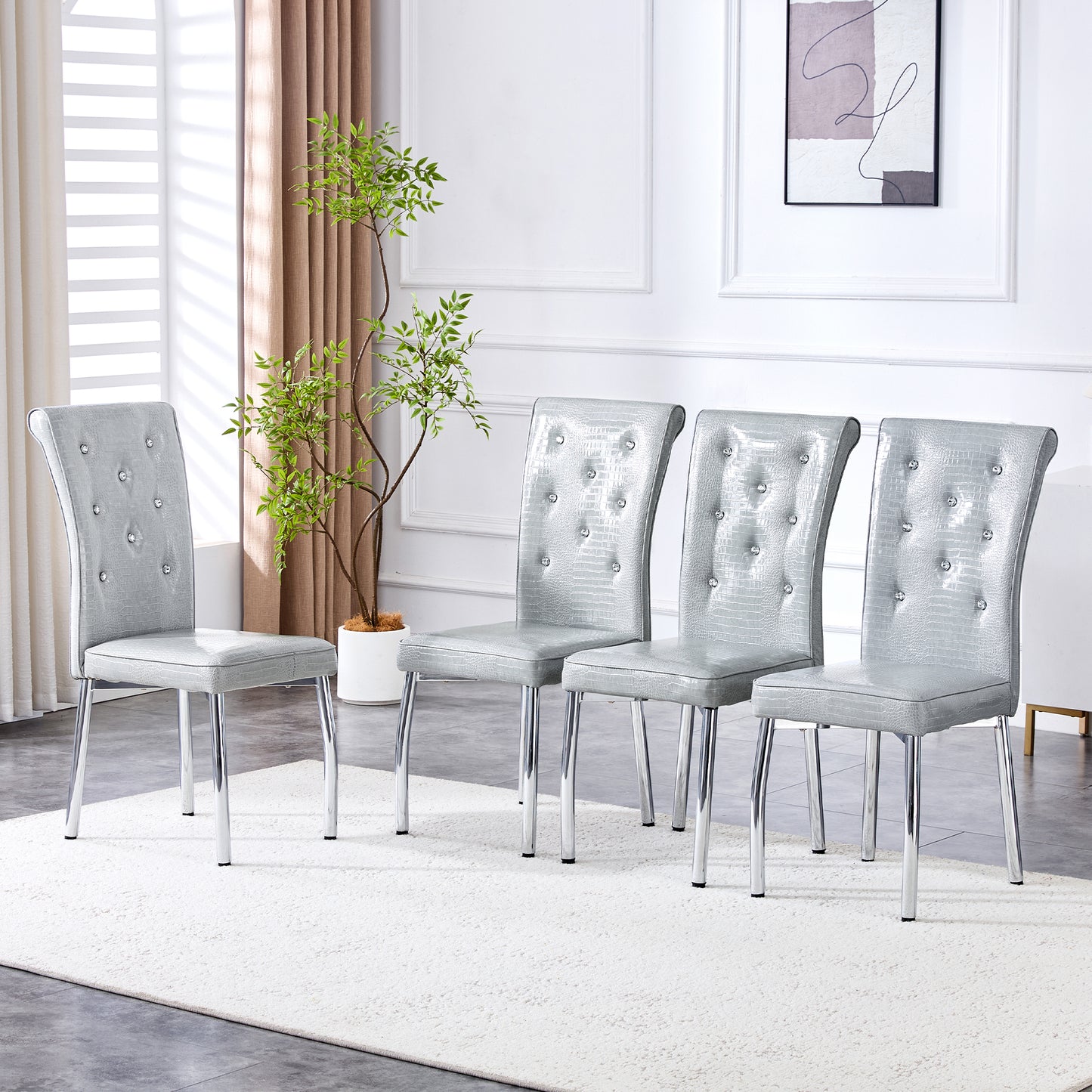 Set of 4 Gray Silvery Vintage Crocodile Leather Dining Chairs