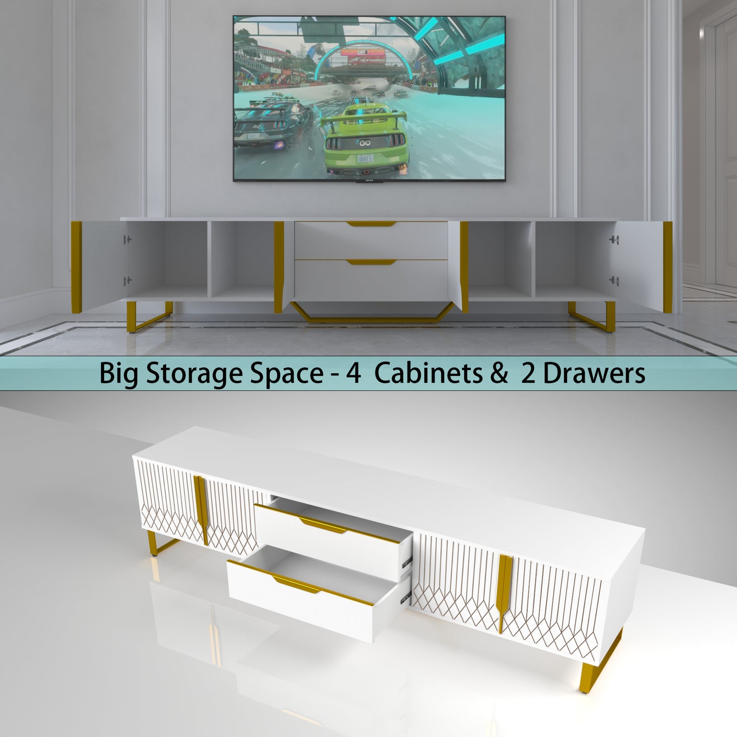 Modern TV Console with Storage Cabinets - Carve Design, White