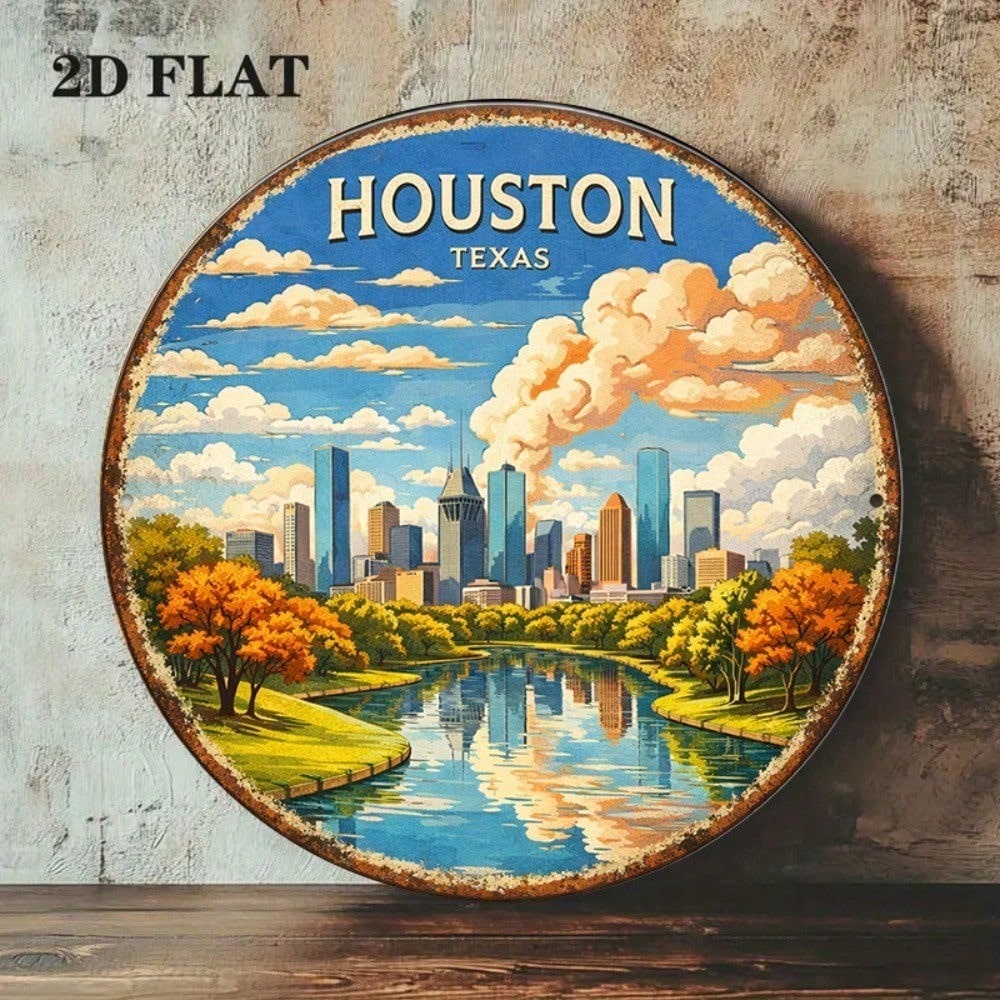 Vintage Houston Texas Cityscape Round Wall Sign - 8x8in