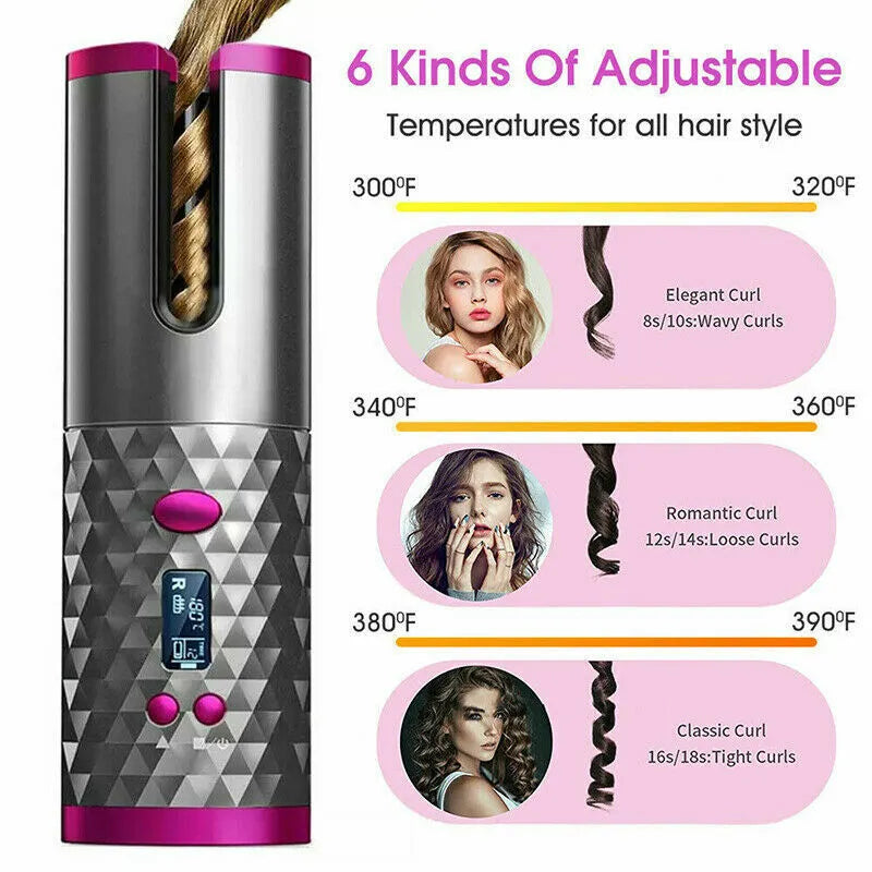 Cordless Auto-Rotating Hair Curler - Ceramic Wireless Curling Iron - Black