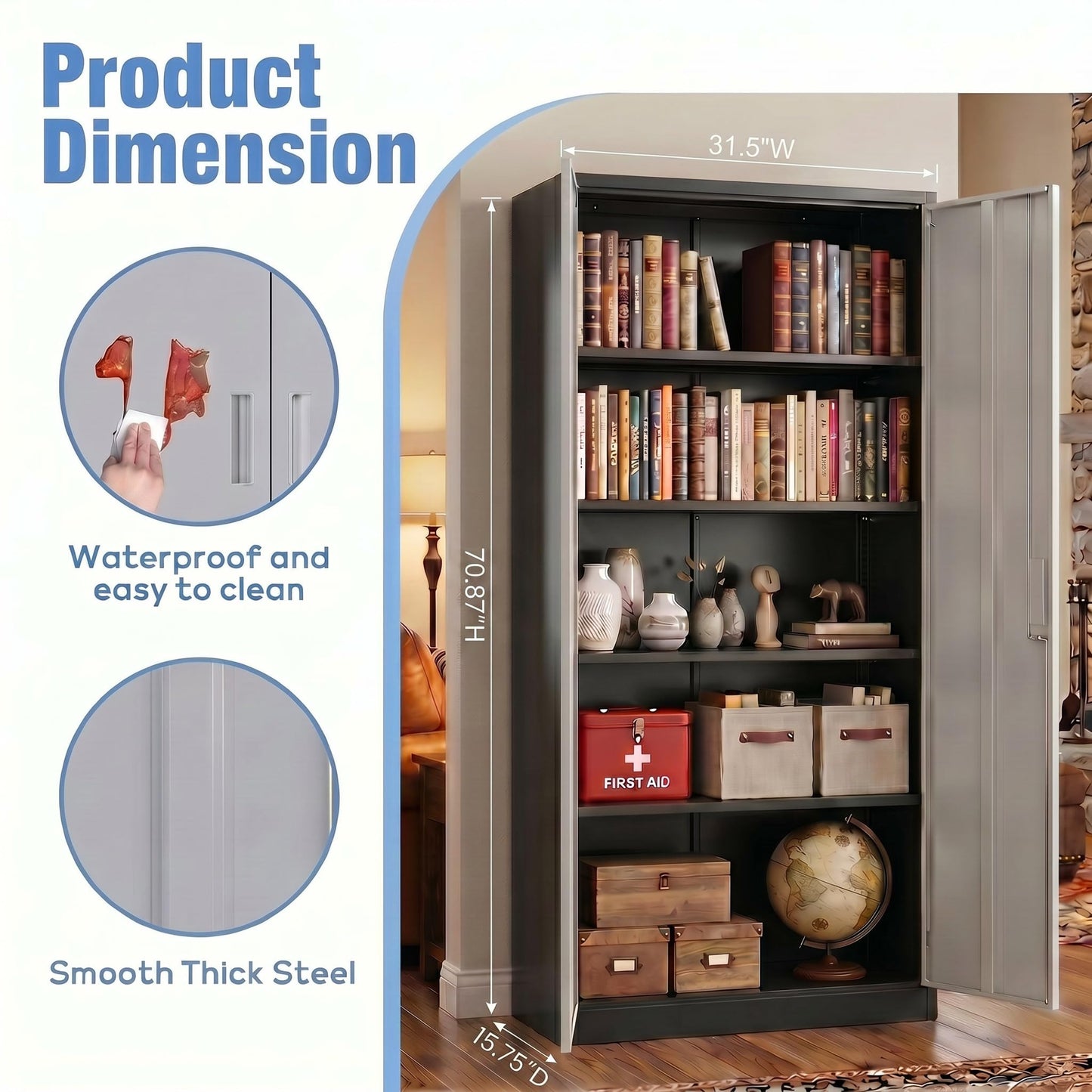 Lockable Steel Storage Cabinet with 4 Adjustable Shelves - Black & Gray