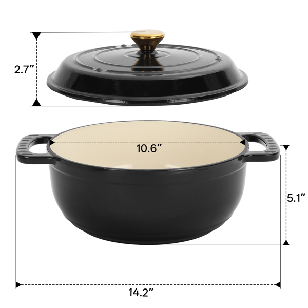 6QT Cast Iron Dutch Oven with Lid - Black Enamel Cooking Pot