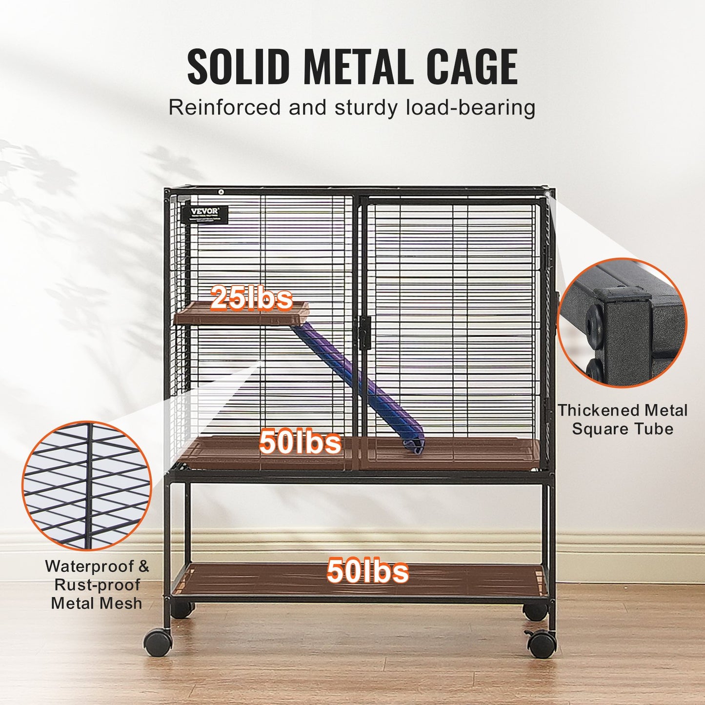 36-Inch Metal Small Animal Cage with Ramp - 2-Tier Rolling Ferret Enclosure, Black