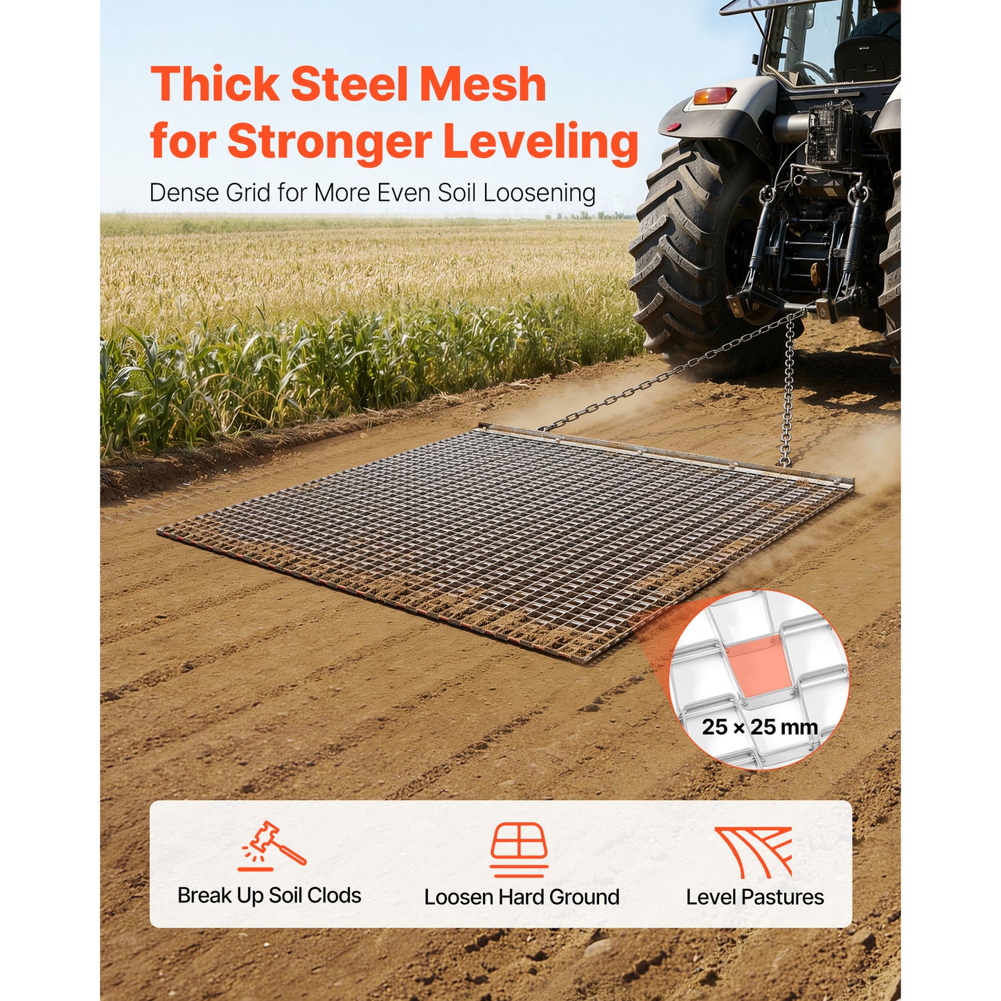 4x4 ft Chain Harrow for Gravel Driveways & Farm Fields - Galvanized Steel Drag Mat with Towing Chain