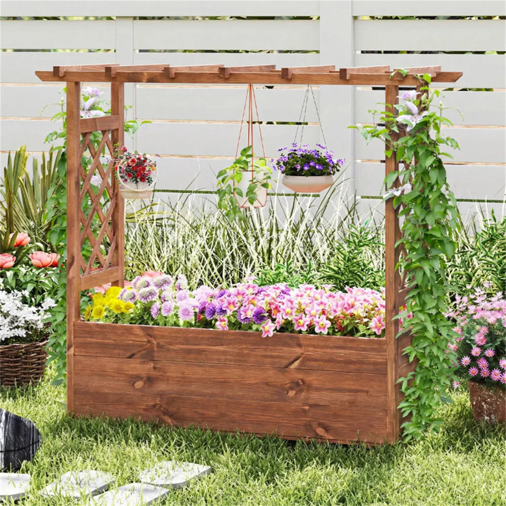 Natural Pine Wood Raised Garden Bed with Hanging Roof - Outdoor Planting