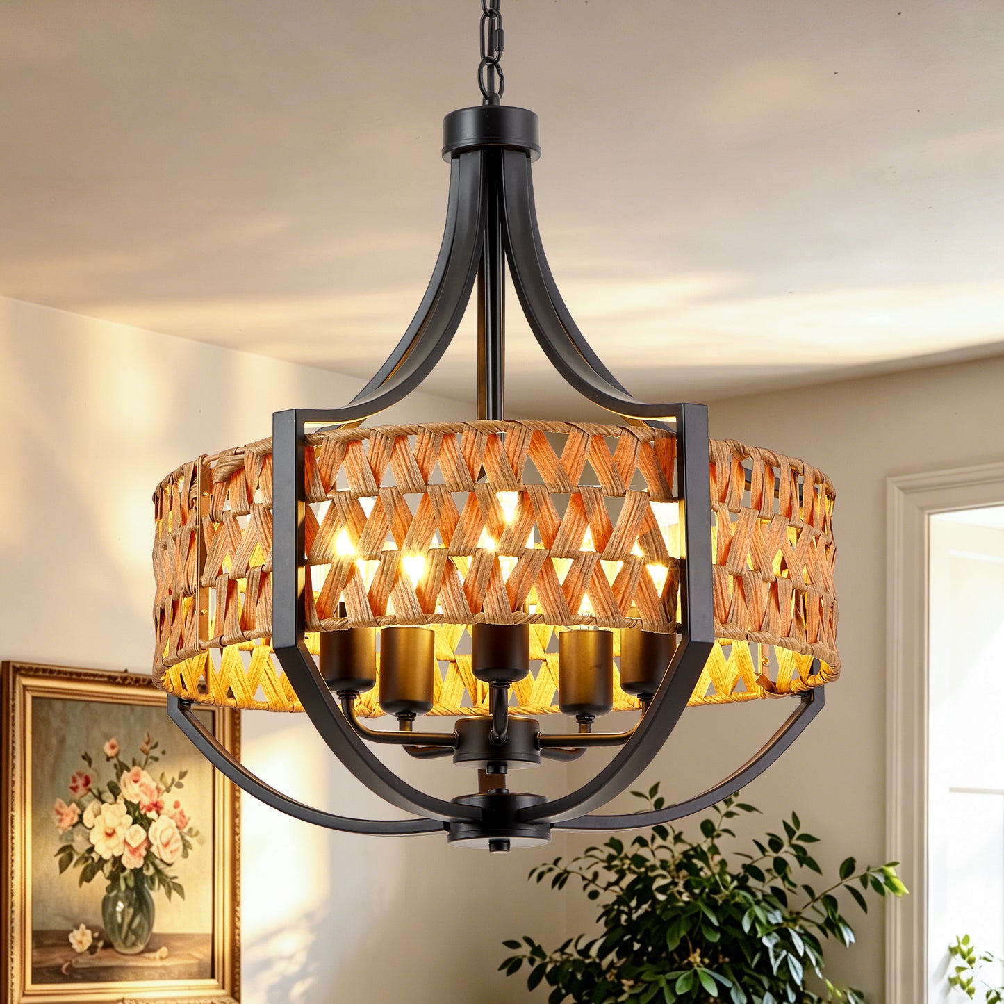 19.7-Inch Black Rattan Pendant Light with 5 LED Spotlights - Farmhouse Ceiling Chandelier for Dining & Living Rooms