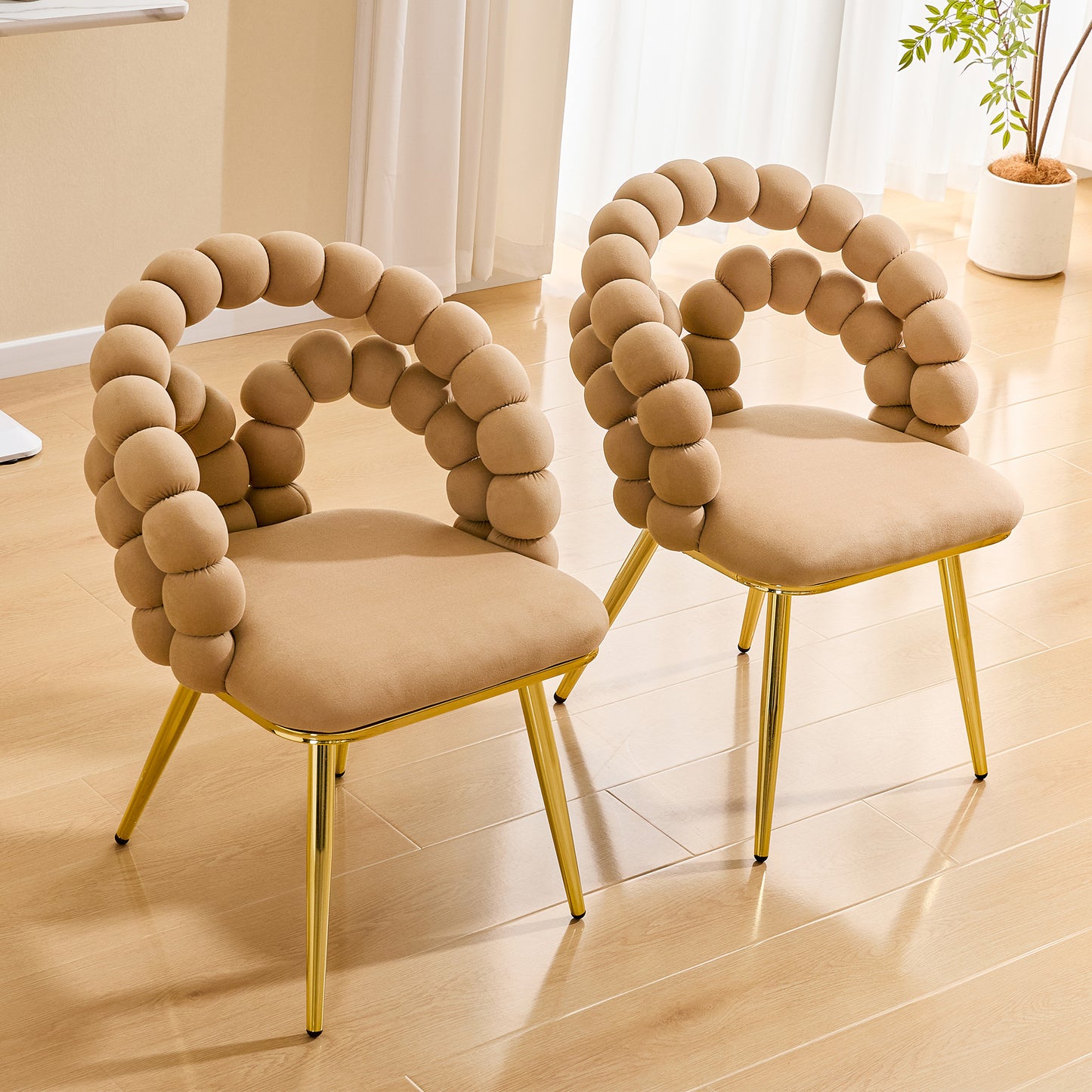 Set of 2 Modern Velvet Dining Chairs with Bubble Back - Brown & Gold