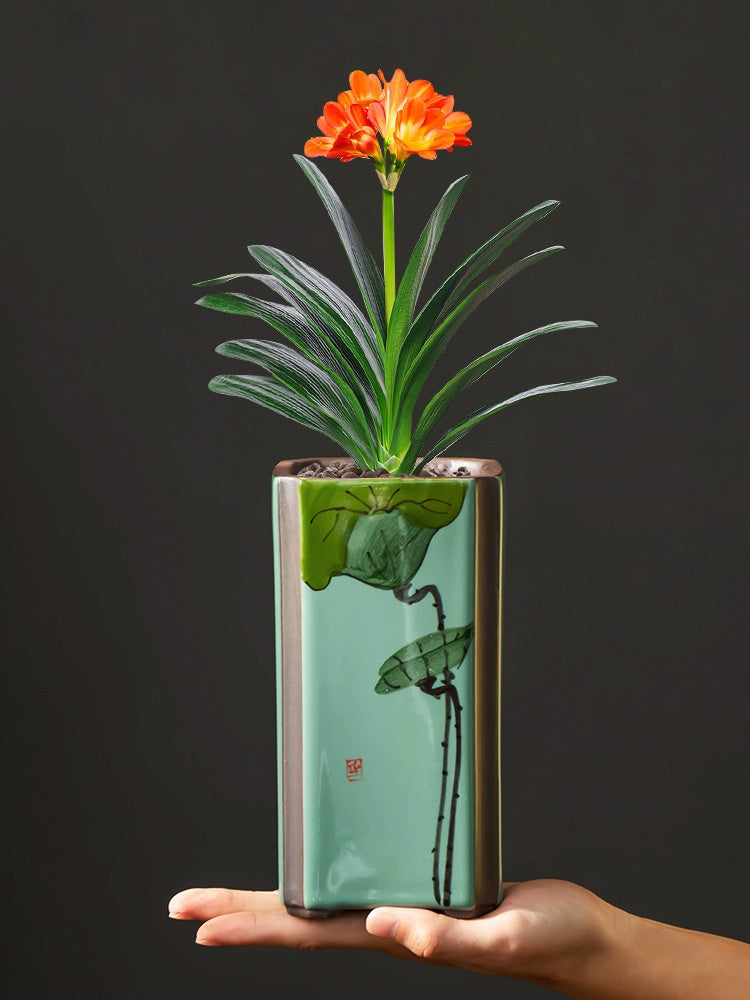 Indoor Decorative Ceramic Flower Pot with Support - Retro Square Design
