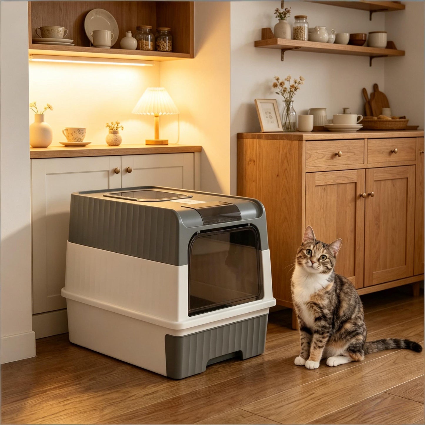 Compact Enclosed Cat Litter Box with Top Exit Design - Black, Gray, White