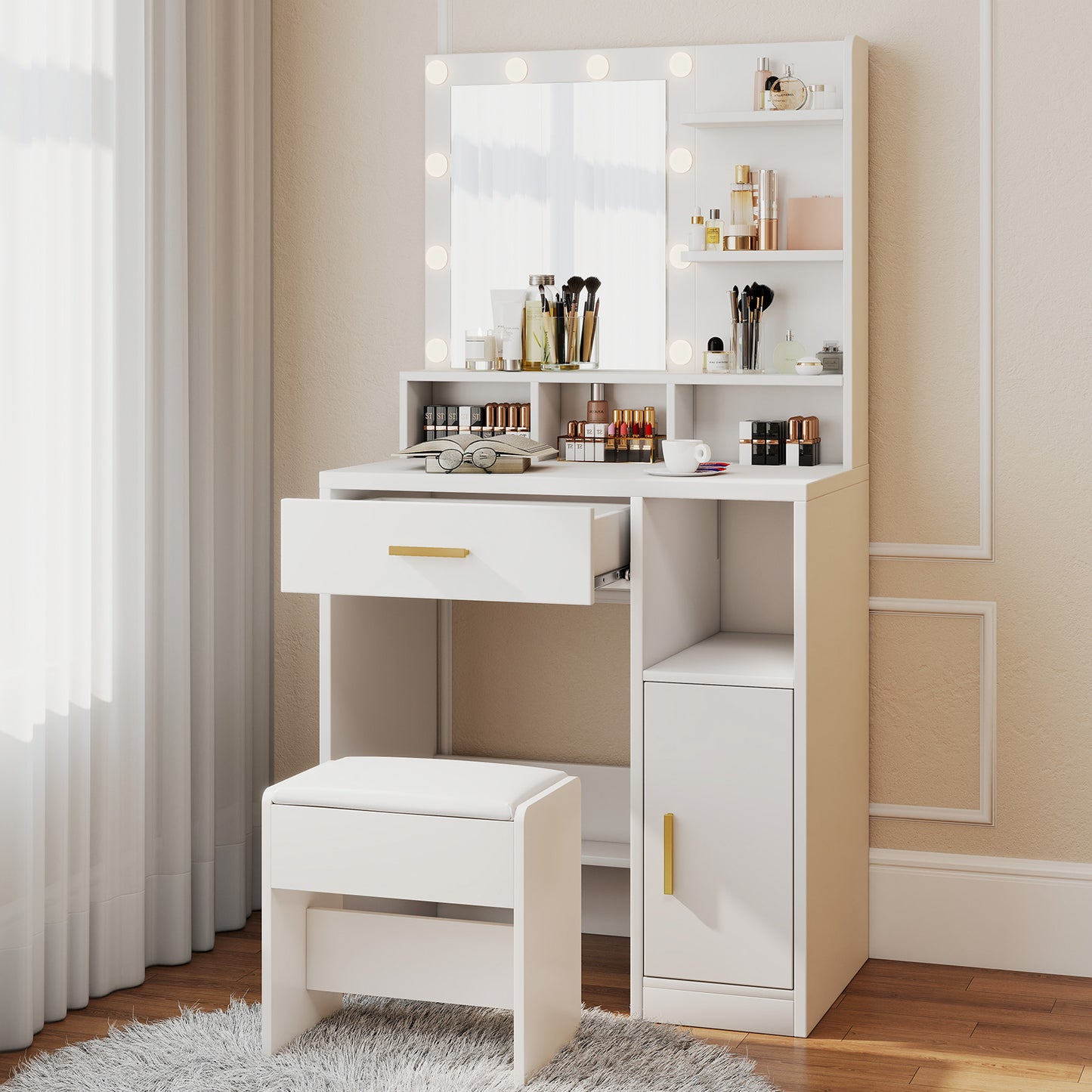 Vanity Desk With Mirror Makeup 10 Dimmable Bulbs Drawers Cabinet