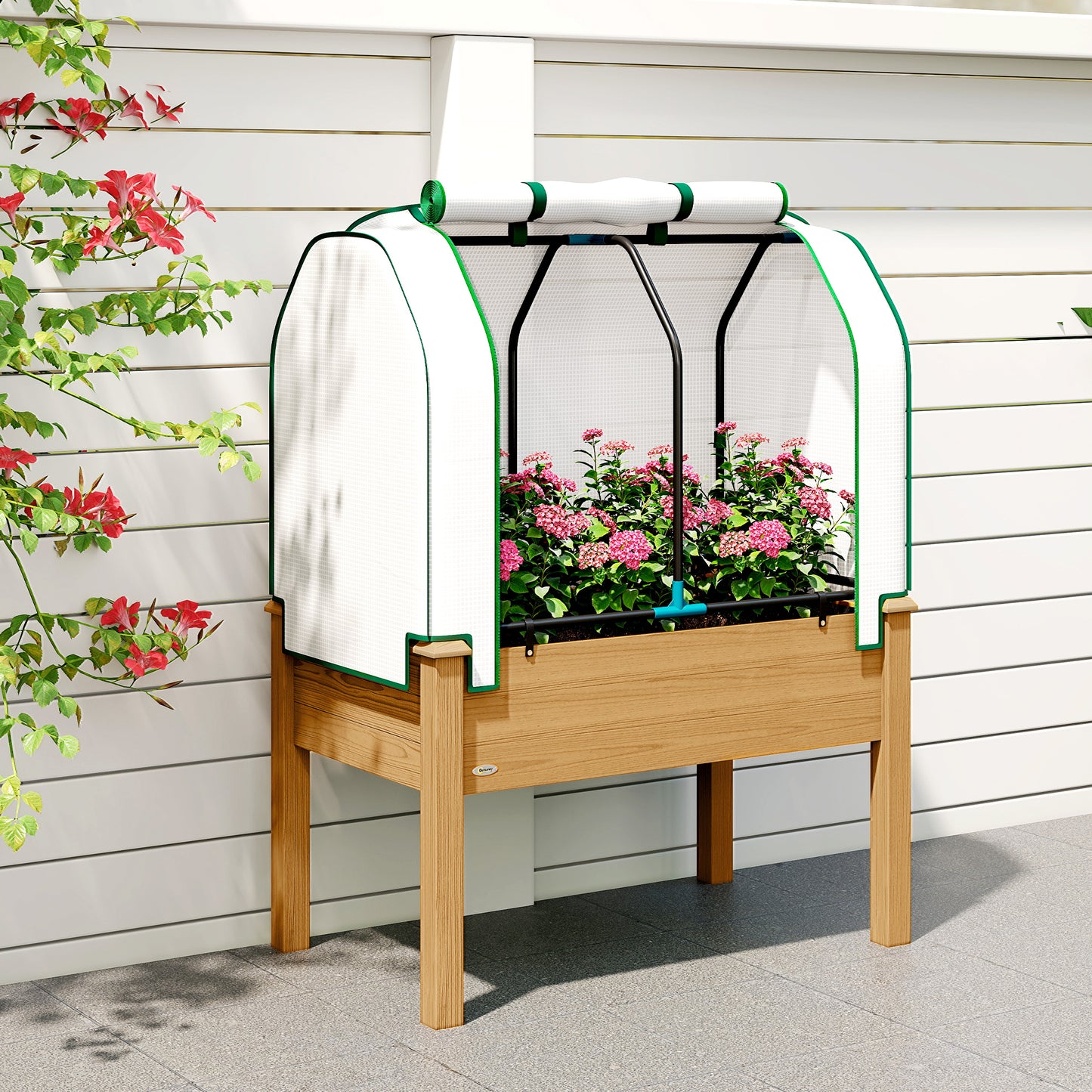Raised Garden Bed with PE Greenhouse Cover - Outdoor Planter Box for Herbs and Vegetables, 35x22x47 Inch, Sand