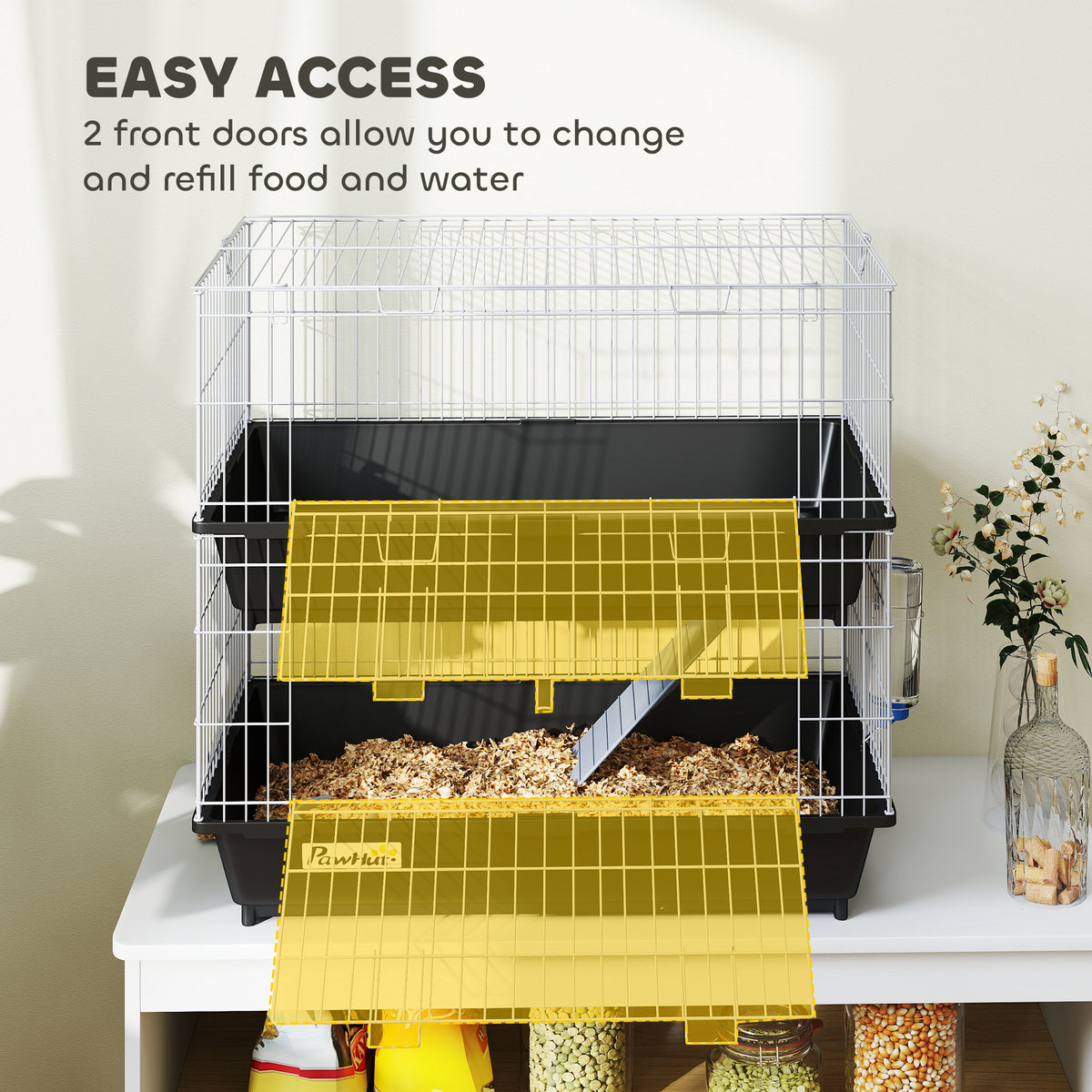 Small Animal Cage 2-Tier with Doors, Trays, Dish, Bottle & Ramp - Black, 750x470x220mm