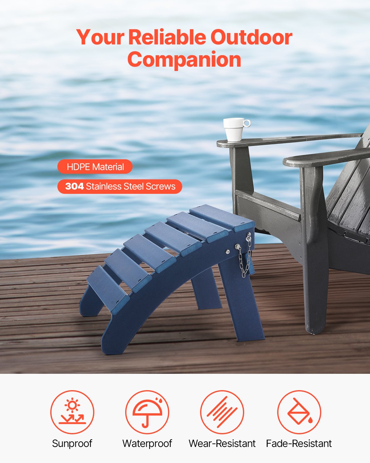Folding Outdoor Ottoman for Adirondack Chairs - Blue Patio Footrest