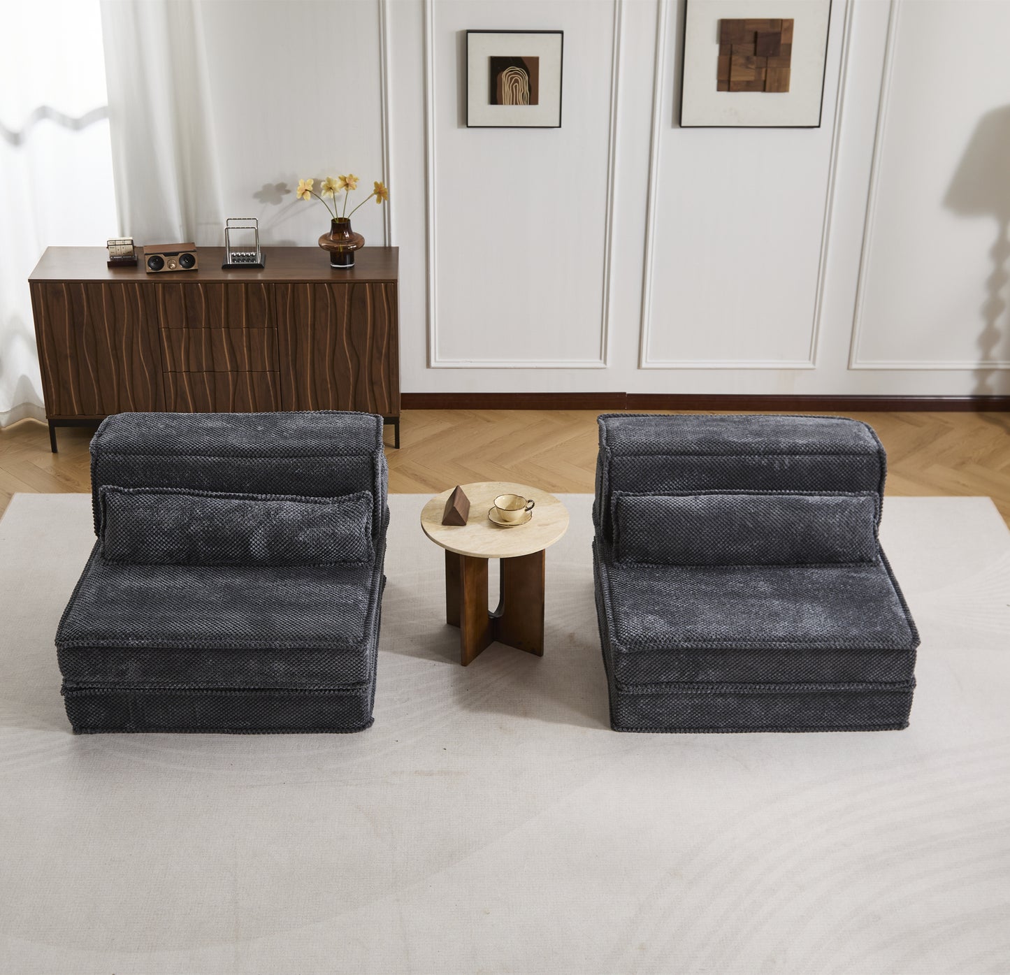 Convertible Floor Sofa Bed - Oversized 2 Seater with Pillows - Dark Grey