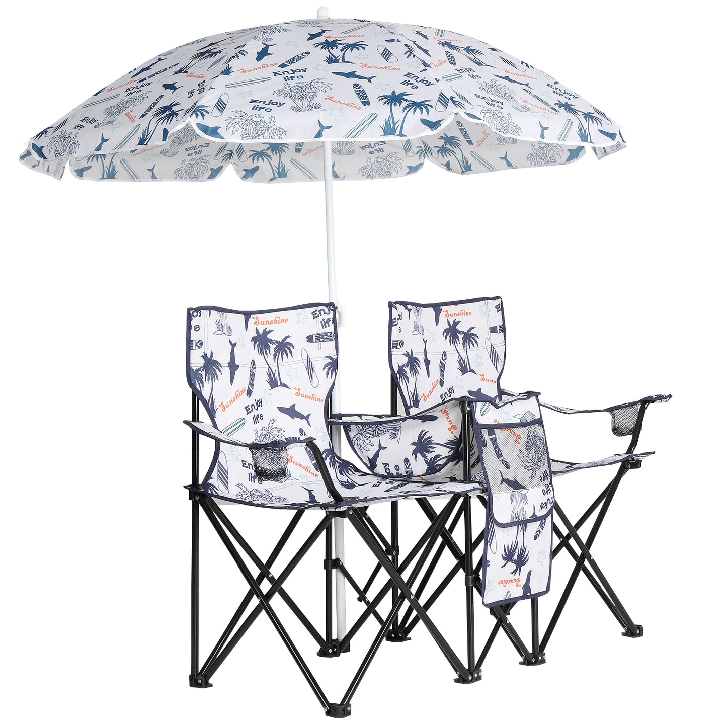 Portable Outdoor 2-Seat Fishing Chair with Removable Umbrella - Coconut Tree Pattern