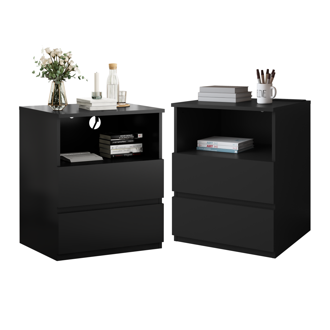 Set of 2 Modern End Tables with USB Charging Station & Drawers - Black