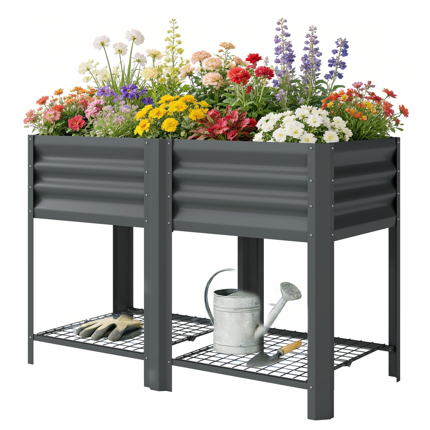 Galvanized Steel Raised Garden Bed with Storage Shelf - 31.5 Inch Dark Gray