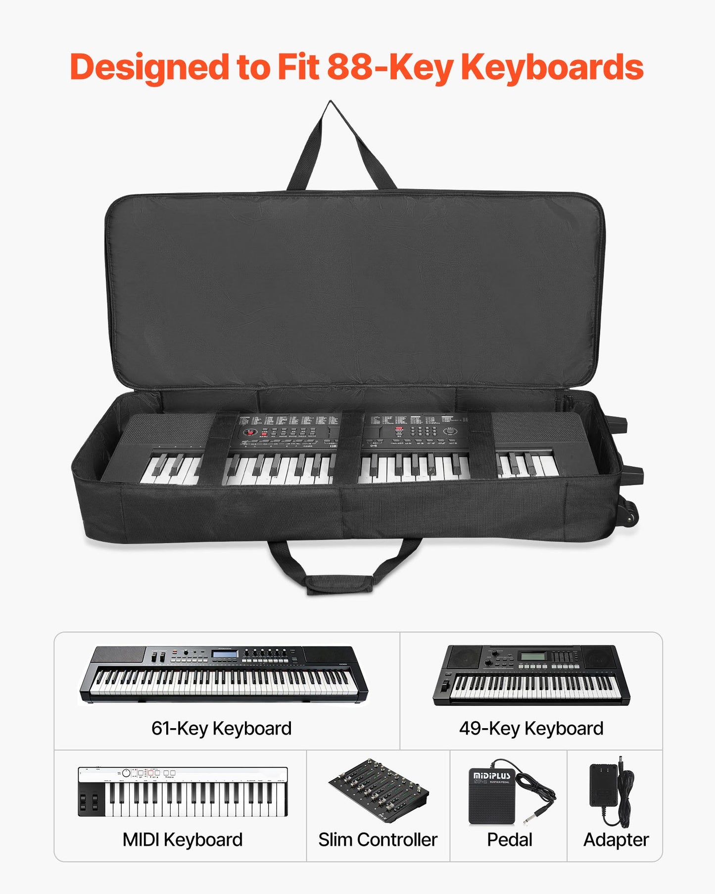 Padded Rolling Keyboard Case with Wheels & Multiple Pockets for 88-Key Pianos