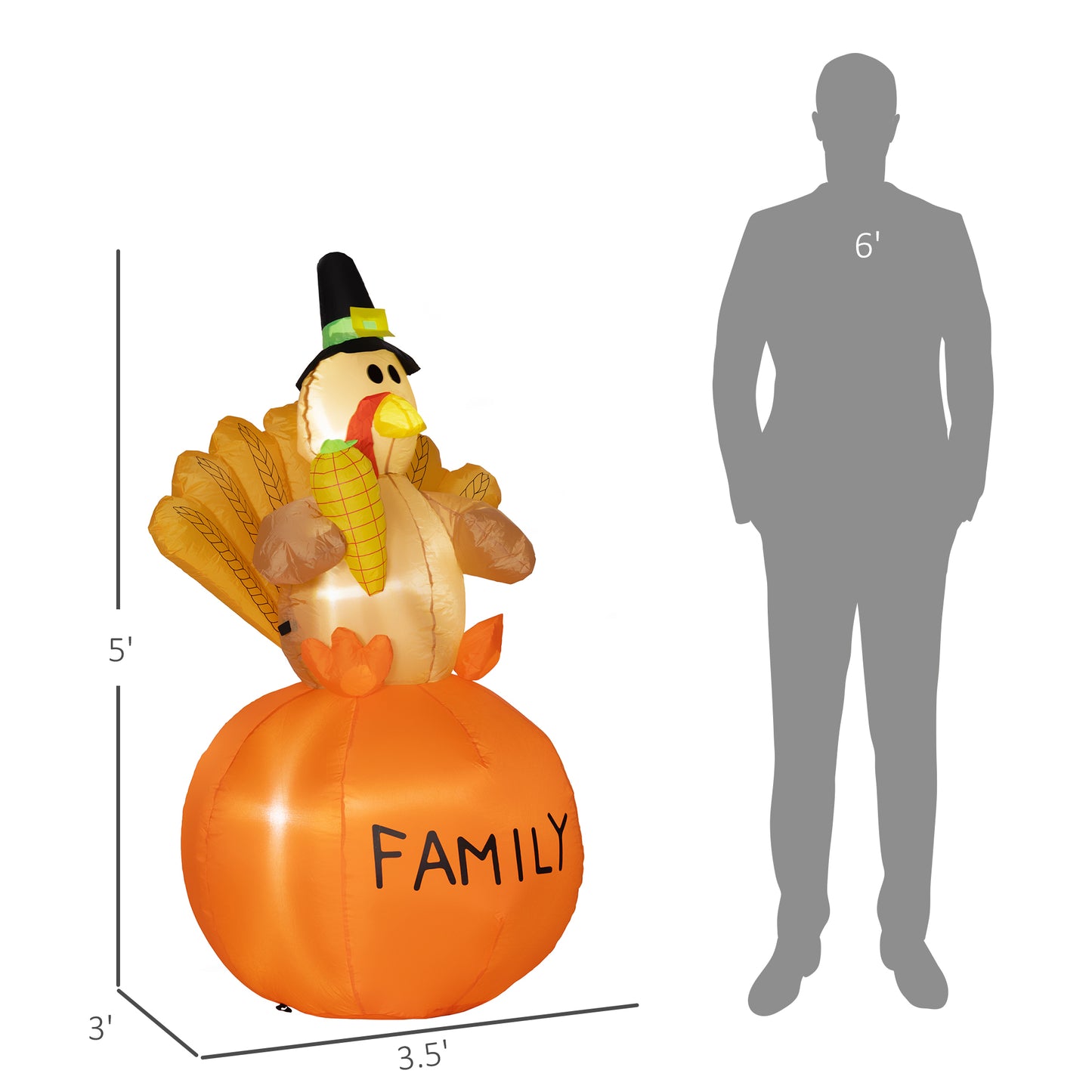 Inflatable Thanksgiving Turkey with LED Lights - 4.9ft Outdoor Display