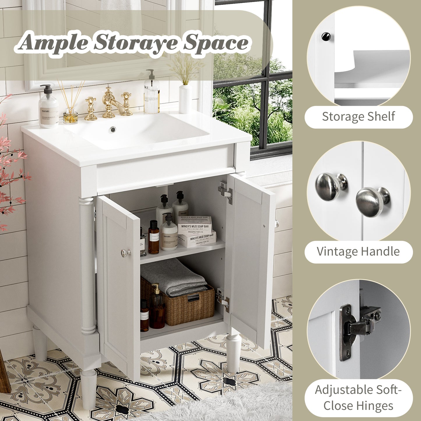 24-Inch Modern Bathroom Vanity with Ceramic Sink & Storage Cabinet