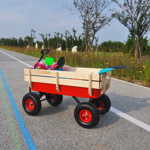 All Terrain Garden Wagon with Wood Railing and Air Tires for Outdoor Use