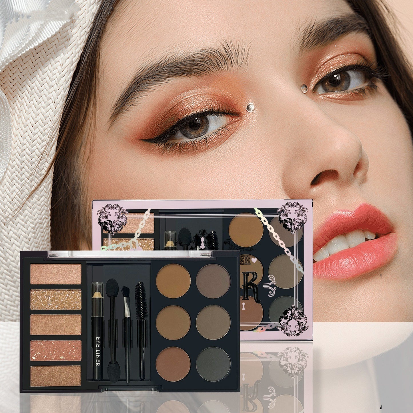 Eyebrow Makeup Palette Kit with Brow Powder and Stencils - Pink