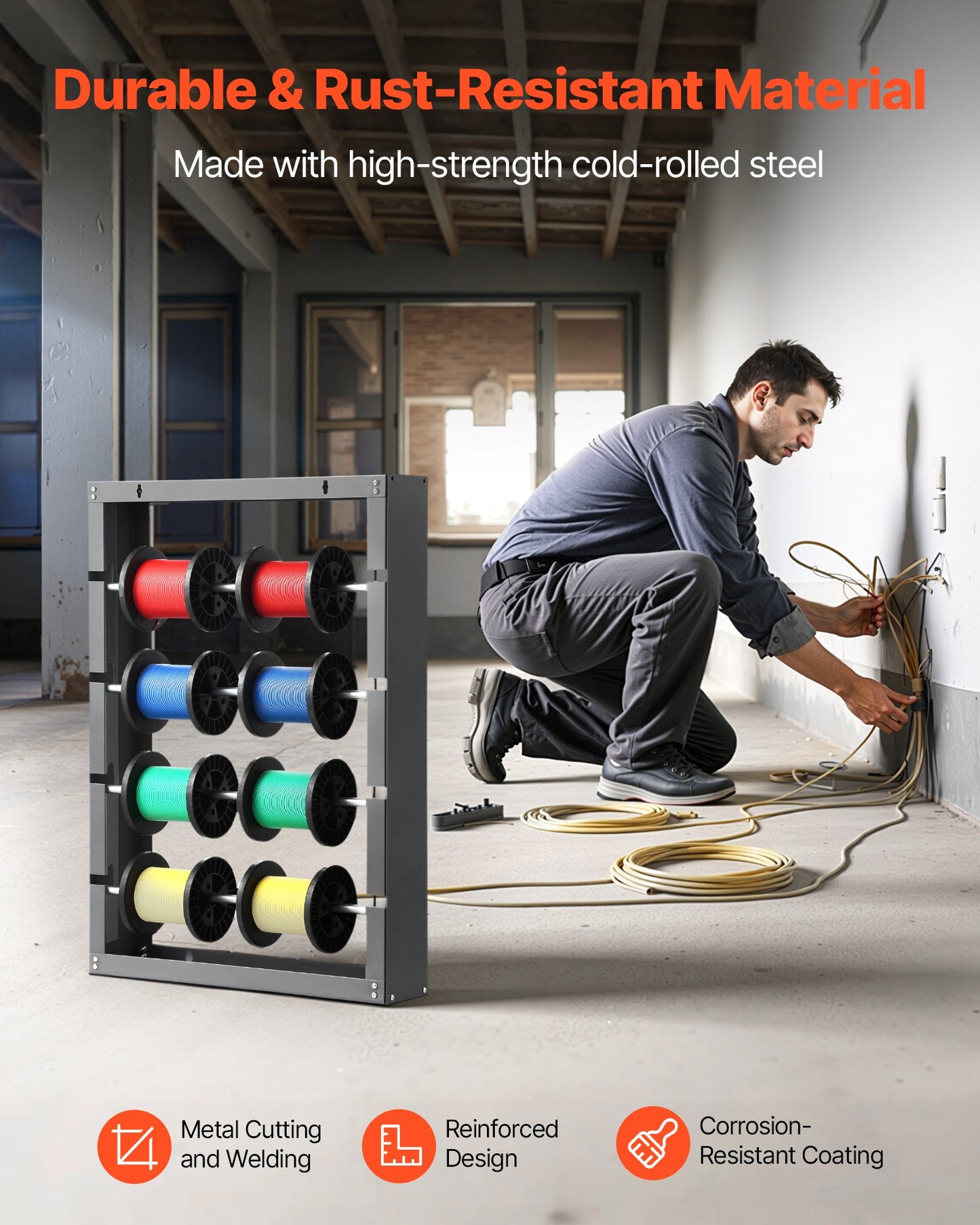 Wall Mounted Wire Spool Rack with 4 Adjustable Rods - Heavy-Duty Steel, 150 lbs Capacity, Grey